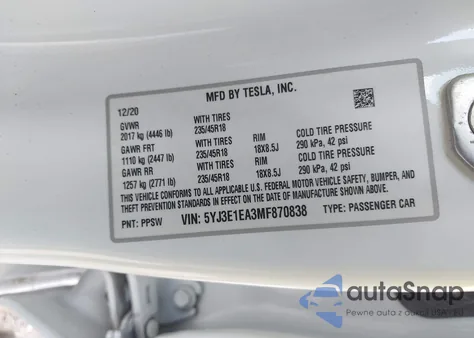 2021 Tesla Model 3 Standard Range Plus Rear-Wheel Drive из США, поврежденный, VIN 5YJ3E1EA3MF870838